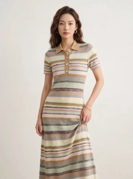 CHANEL Women’s Pastel Striped Polo Collar Short Sleeve Knit Maxi Dress