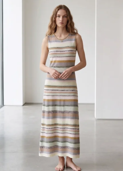 CHANEL Women’s Pastel Striped Sleeveless Knit Midi Maxi Tank Dress