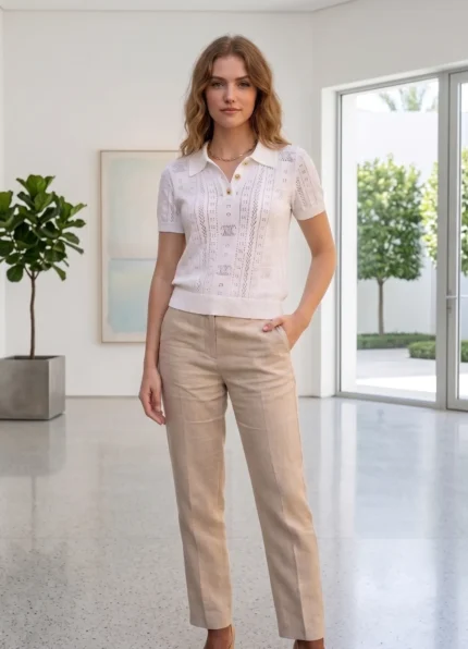 CHANEL Women’s White All Over Logo Hollow Knit Polo Collar Metal Button Short Sleeve Top