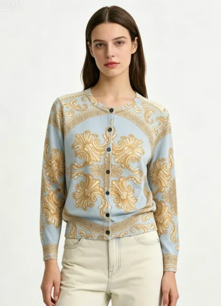 Gucci Women’s Wool Blend Golden Baroque Print Crew Neck Long Sleeve Knit Cardigan