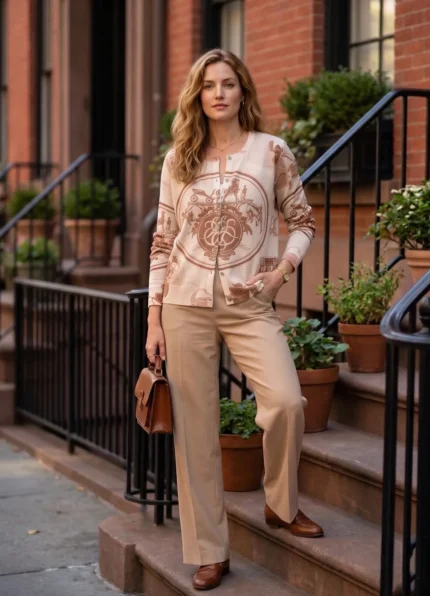 Hermès Women’s Wool Blend Vintage Carriage Print Crew Neck Long Sleeve Knit Cardigan