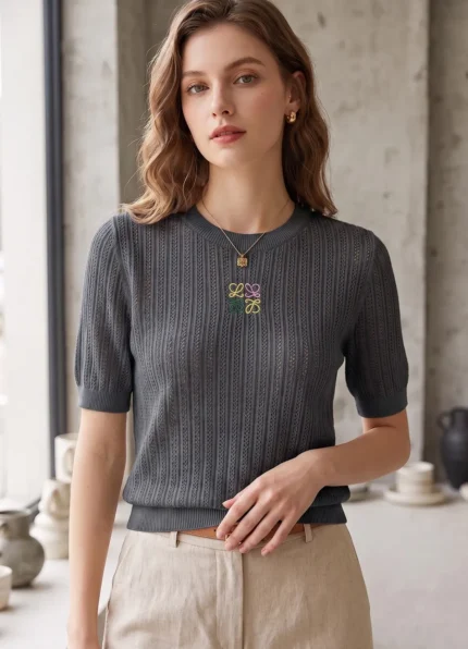 Loewe Women’s Charcoal Gray Openwork Ribbed Knit Crew Neck Short Sleeve Top