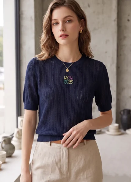 Loewe Women’s Navy Blue Openwork Ribbed Knit Crew Neck Short Sleeve Top