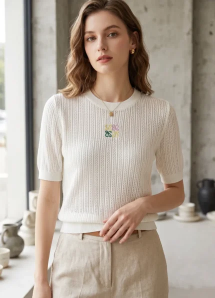 Loewe Women’s Cream White Openwork Ribbed Knit Crew Neck Short Sleeve Top