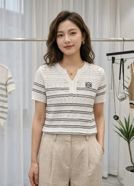 Loewe Women’s Ice Silk Blend Openwork Black Stripe Notch V-Neck Short Sleeve Knit Top