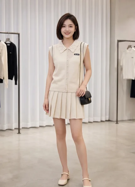 Miu Miu Women’s Cream Linen Blend Lace Peter Pan Collar Sleeveless Knit Vest Two Piece Pleated Skirt Set