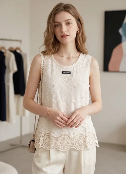 Miu Miu Women’s Cream Floral Embroidery Lace Round Neck Sleeveless Tank Top