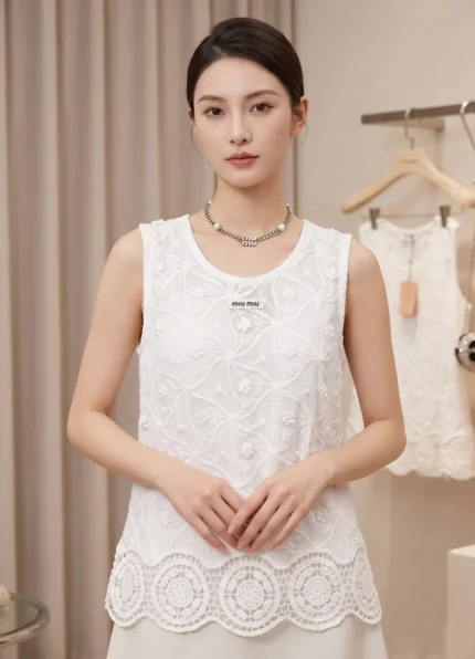 Miu Miu Women’s Pure White 3D Floral Embroidery Lace Round Neck Sleeveless Tank Top
