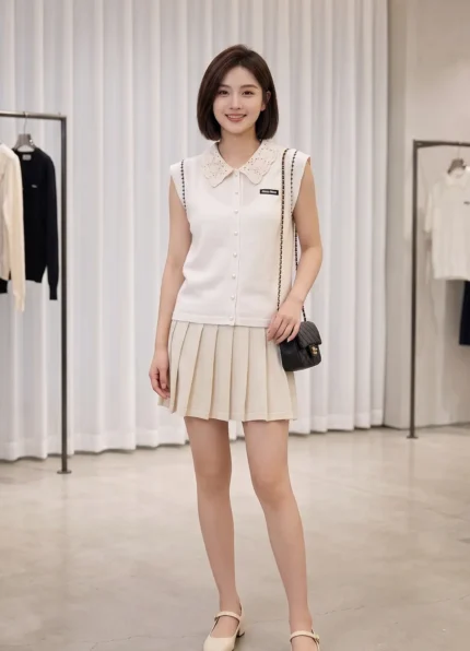 Miu Miu Women’s White Slub Linen Blend Lace Peter Pan Collar Sleeveless Knit Vest Two Piece Pleated Skirt Set
