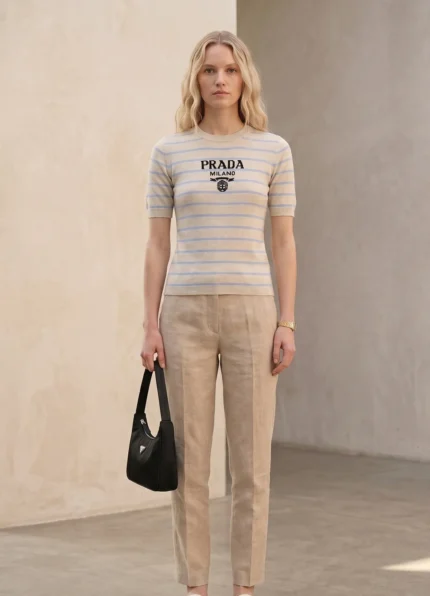 Prada Women’s Oatmeal Silk Blend Light Blue Striped Crew Neck Short Sleeve Knit Top