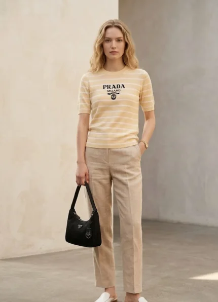 Prada Women’s Pale Yellow Silk Blend Striped Crew Neck Short Sleeve Knit Top