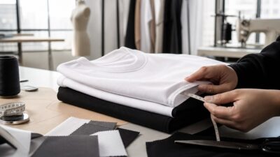 Premium cotton T shirt fabric, neckline stitching, and garment construction details on a studio table