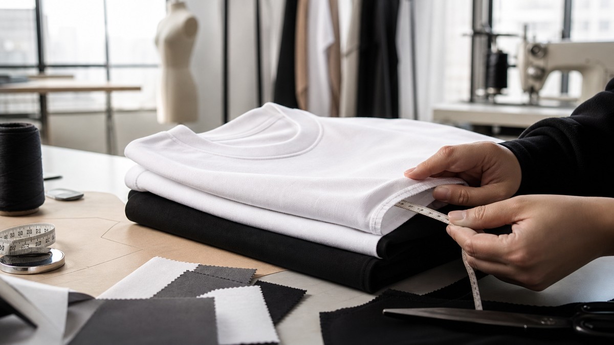 Premium cotton T shirt fabric, neckline stitching, and garment construction details on a studio table