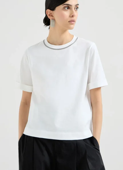 Brunello Cucinelli  White Cotton Beaded T-Shirt
