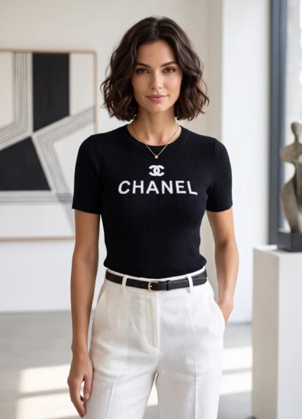 CHANEL Women’s Black Vertical Rib Crew Neck CC Letter Logo Embroidery Slim Fit Knit Short Sleeve Top