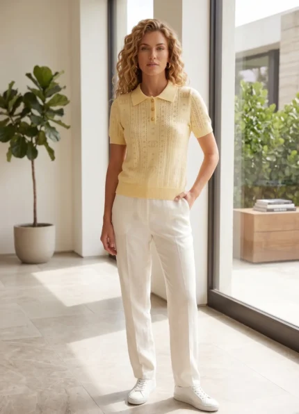 CHANEL Women’s Pale Yellow All Over Logo Hollow Knit Polo Collar Metal Button Short Sleeve Top