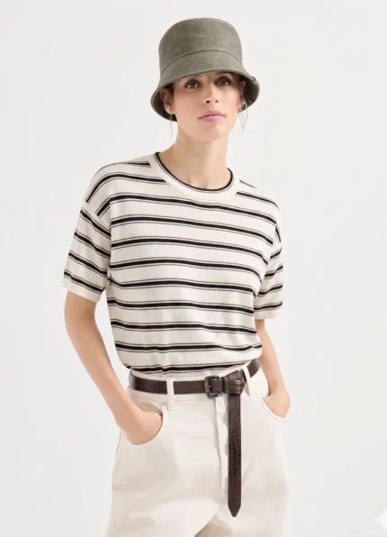 Brunello Cucinelli Virgin wool & cashmere lightweight sparkling Cream with Black & Coffee Brown Striped knit t-shirt