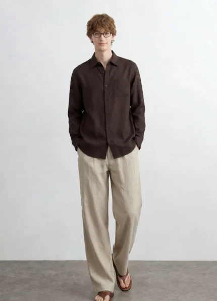 Loro Piana Men’s Dark Coffee Brown Long Sleeve Linen Blend Button-Down Shirt