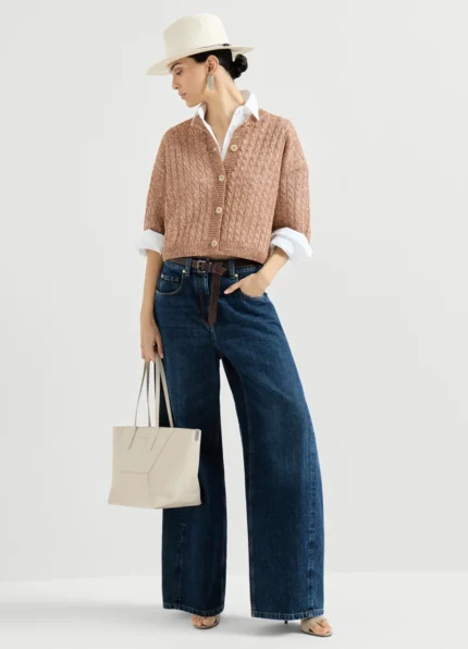 Linen dazzling cable openwork dusty-pink cardigan