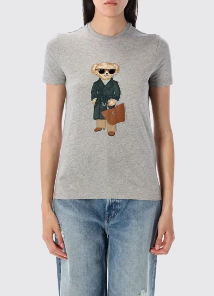 Grey Cotton Short-Sleeve Tee with Embroidered Trench Coat Bear Graphic