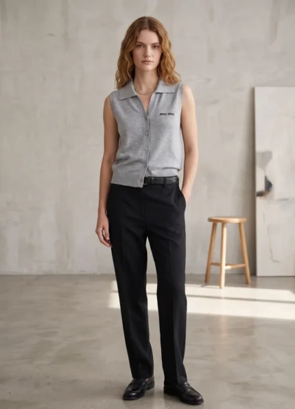 Miu Miu Women’s Light Gray Thin Knit Polo Collar Letter Logo Embroidery Sleeveless Vest