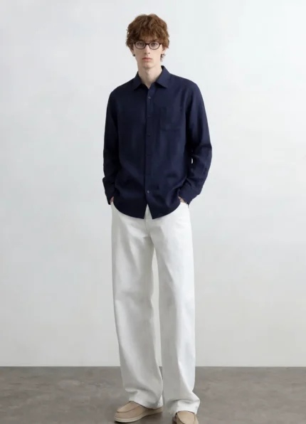 Loro Piana Men’s Navy Blue Long Sleeve Linen Blend Button-Down Shirt
