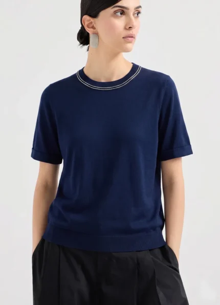 Brunello Cucinelli Navy Cotton Beaded T-Shirt