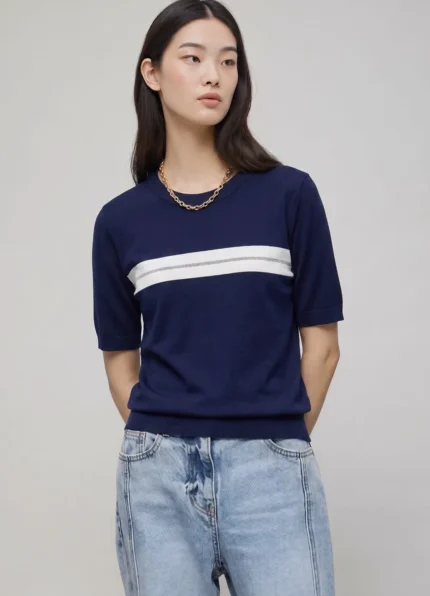 Brunello Cucinelli Women’s Navy Blue White Silver Stripe Crew Neck Short Sleeve Knit Top