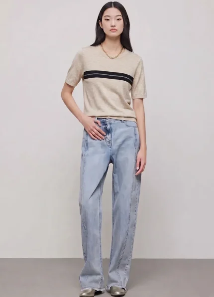 Brunello Cucinelli Women’s Heather Oatmeal Black Silver Stripe Crew Neck Short Sleeve Knit Top