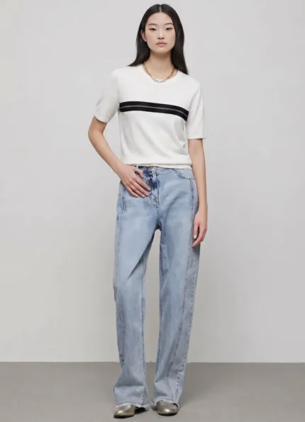 Brunello Cucinelli Women Relaxed Fit Cream Base Black & Silver Glitter Stripe Short Sleeve Casual Knit Top