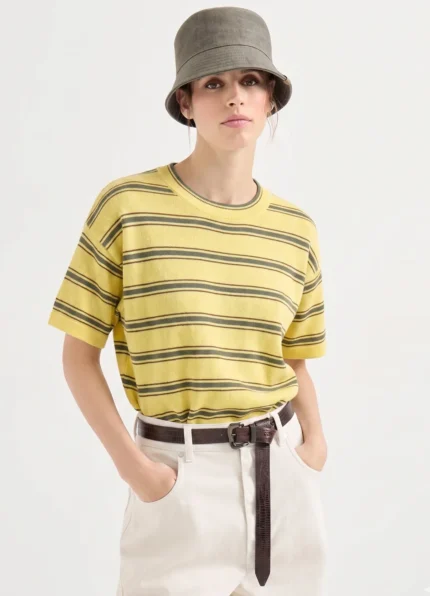 Brunello Cucinelli Virgin wool & cashmere lightweight sparkling Yellow Base Olive Brown Horizontal Striped knit t-shirt