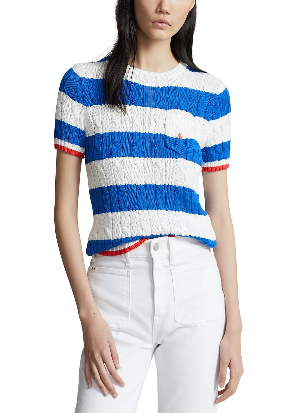 POLO RALPH LAURENSTRIPE CABLE COTTON SHORT-SLEEVE SWEATER - Image 2