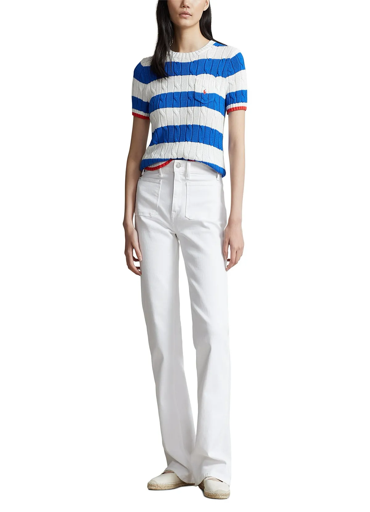 POLO RALPH LAURENSTRIPE CABLE COTTON SHORT-SLEEVE SWEATER
