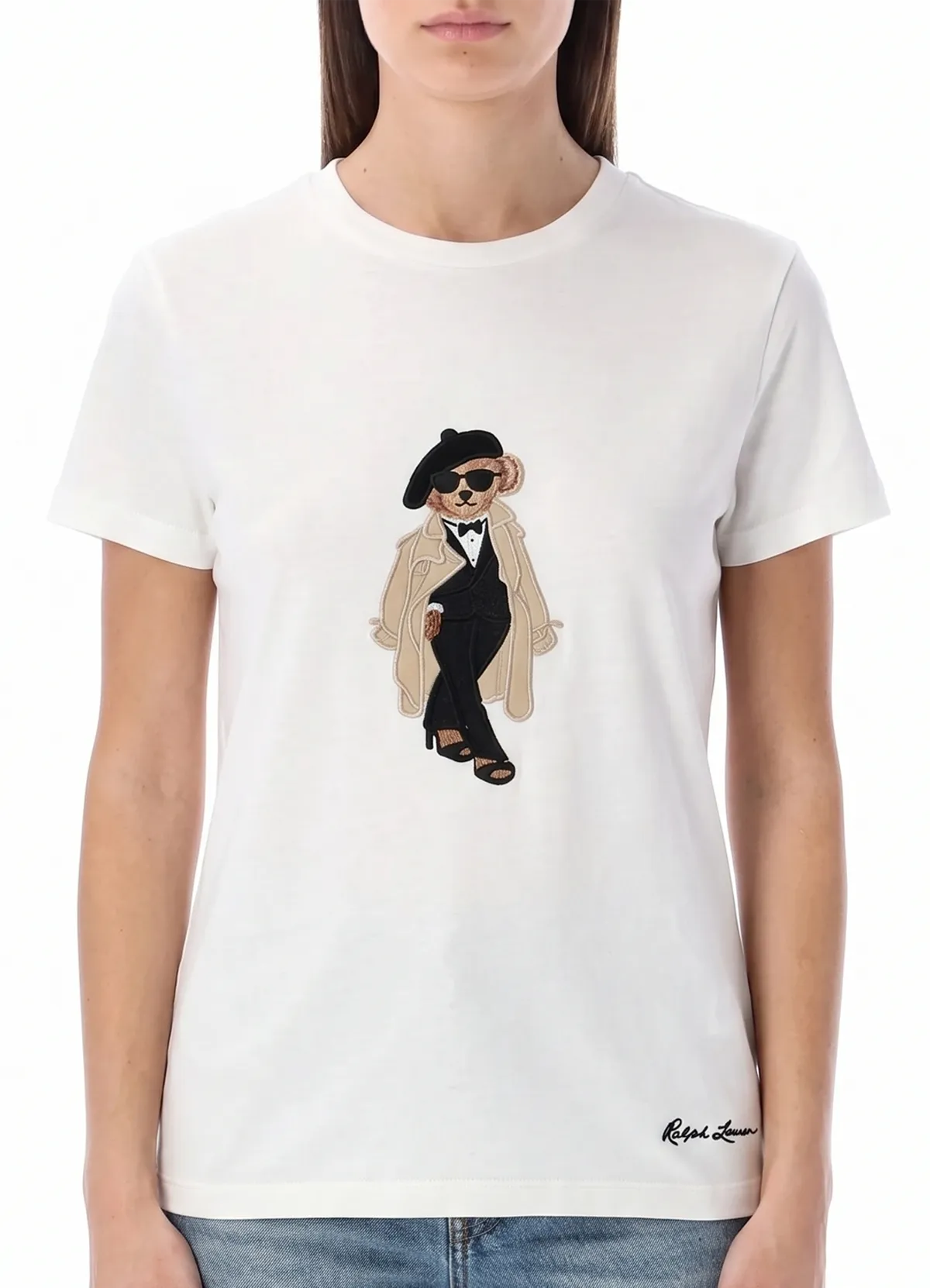 Women’s White Cotton Tee with Embroidered Trench Coat & Beret Polo Bear Graphic - Image 2