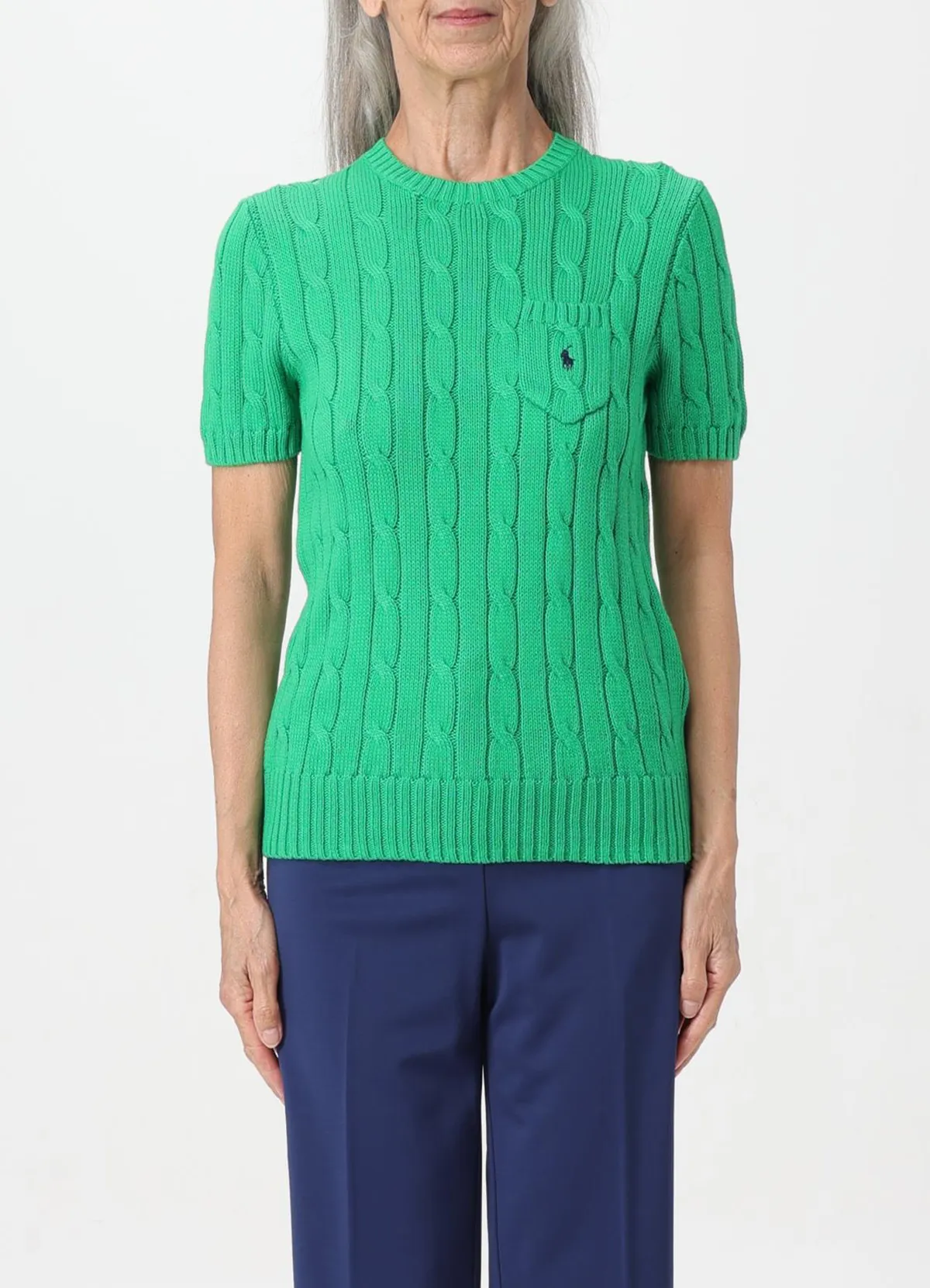 Ralph Lauren Women’s Green Cable-Knit Short-Sleeve Cotton Sweater