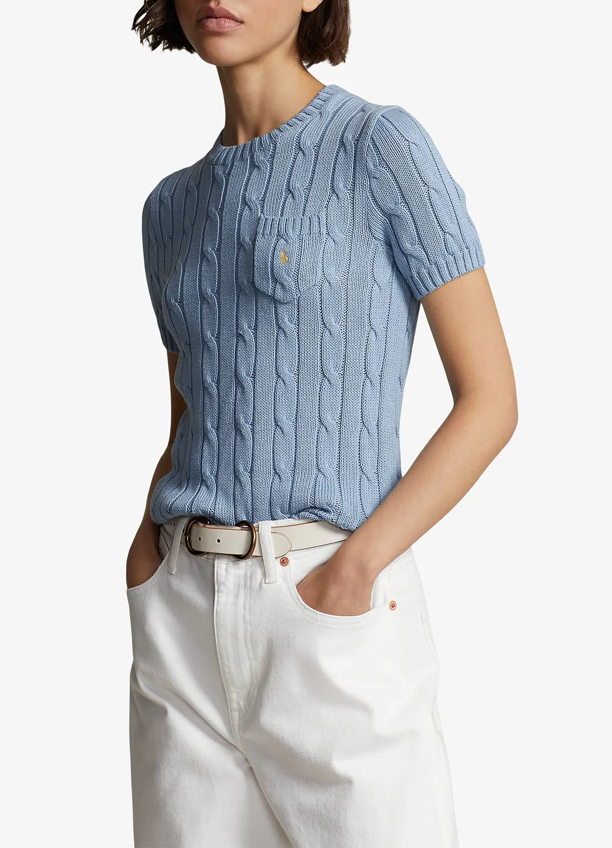 Ralph Lauren Women’s Light Blue Cable-Knit Short-Sleeve Cotton Sweater - Image 2