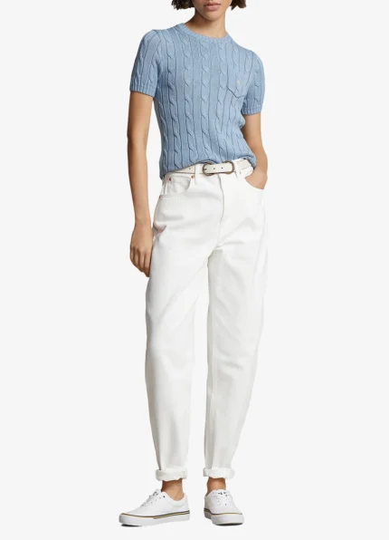 Ralph Lauren Women’s Light Blue Cable-Knit Short-Sleeve Cotton Sweater
