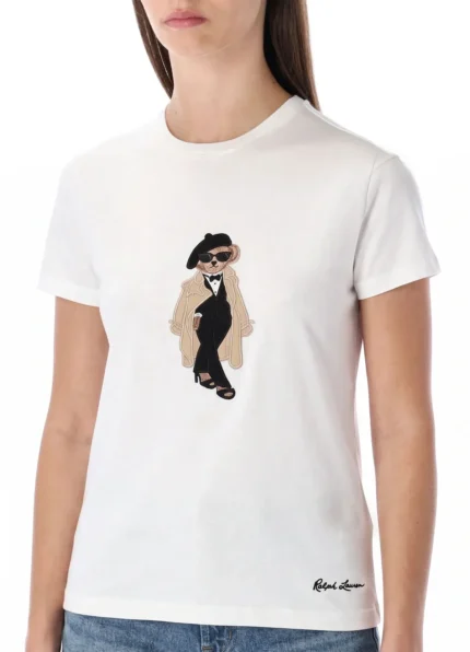 Women’s White Cotton Tee with Embroidered Trench Coat & Beret Polo Bear Graphic