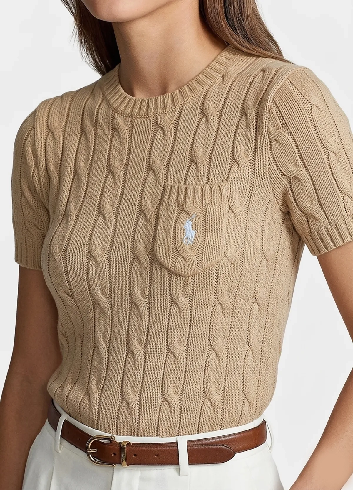 Ralph Lauren Women’s Tan Cable-Knit Short-Sleeve Cotton Sweater - Image 4