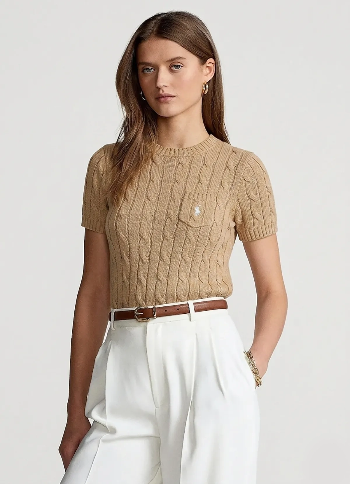 Ralph Lauren Women’s Tan Cable-Knit Short-Sleeve Cotton Sweater - Image 2