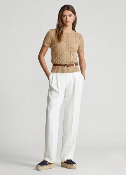 Ralph Lauren Women’s Tan Cable-Knit Short-Sleeve Cotton Sweater