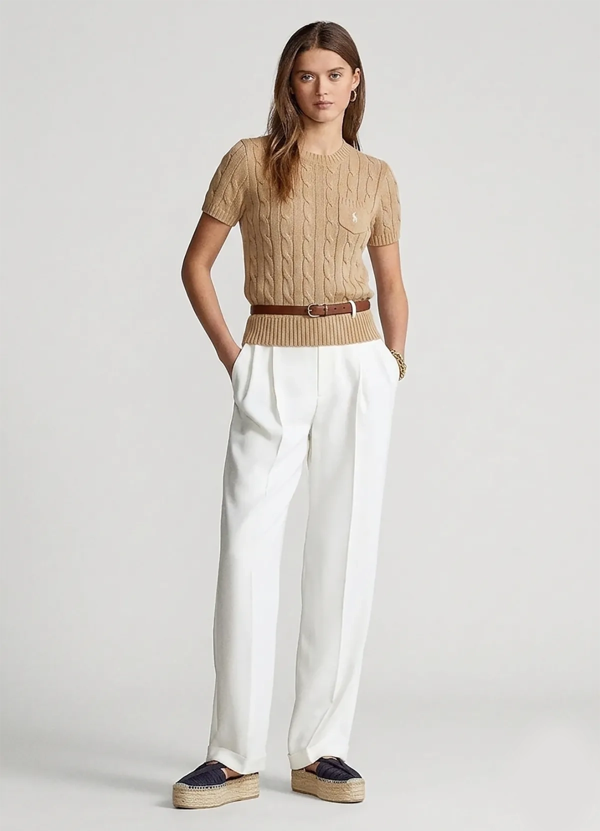 Ralph Lauren Women’s Tan Cable-Knit Short-Sleeve Cotton Sweater