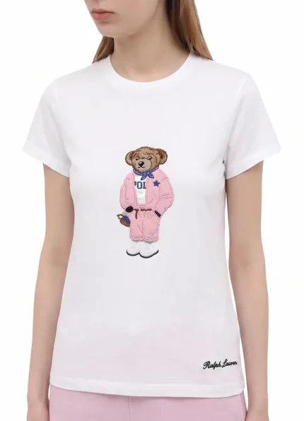 Women’s White Cotton Tee with Pink Tracksuit Polo Bear Graphic by Ralph Lauren