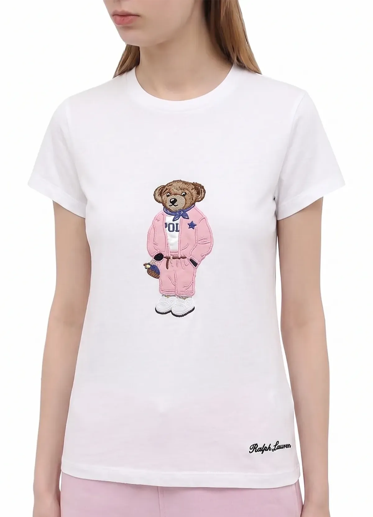 Women’s White Cotton Tee with Pink Tracksuit Polo Bear Graphic by Ralph Lauren