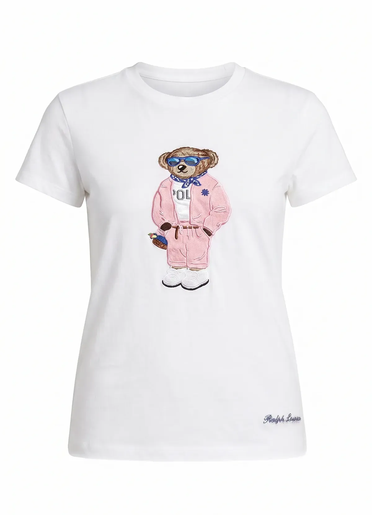 Women’s White Cotton Tee with Pink Tracksuit Polo Bear Graphic by Ralph Lauren - Image 2