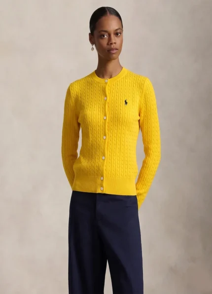 Ralph Lauren Women’s Yellow Cable-Knit Button-Up Cardigan Sweater