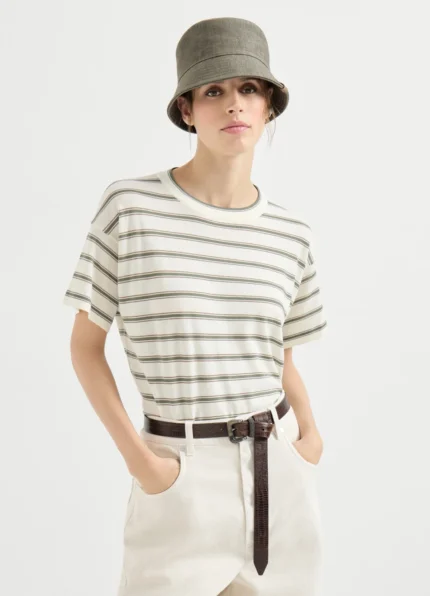 Brunello Cucinelli Virgin wool & cashmere lightweight sparkling Cream Base Olive Brown Horizontal Striped knit t-shirt
