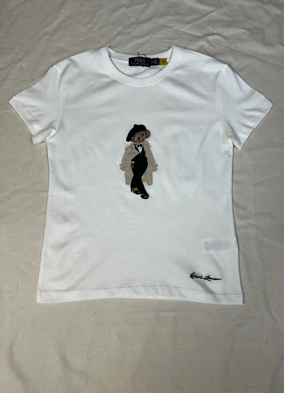 Women’s White Cotton Tee with Embroidered Trench Coat & Beret Polo Bear Graphic - Image 4