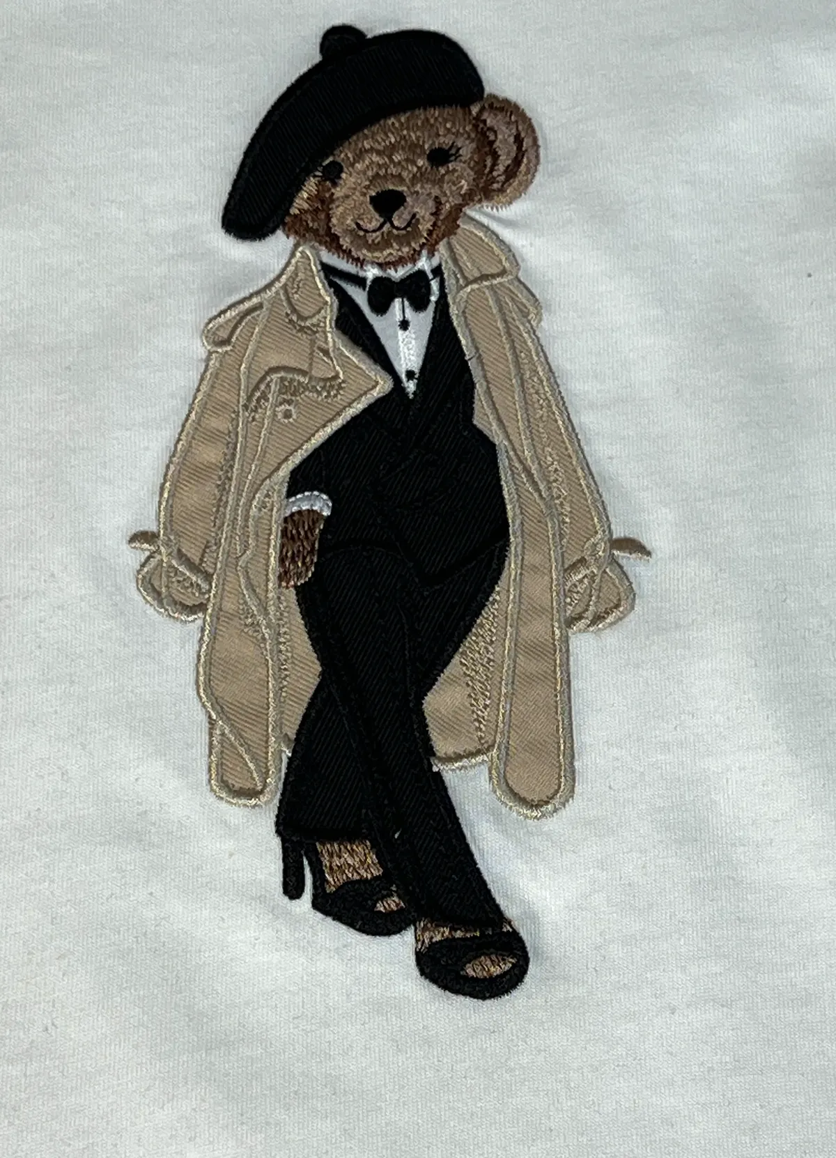 Women’s White Cotton Tee with Embroidered Trench Coat & Beret Polo Bear Graphic - Image 5