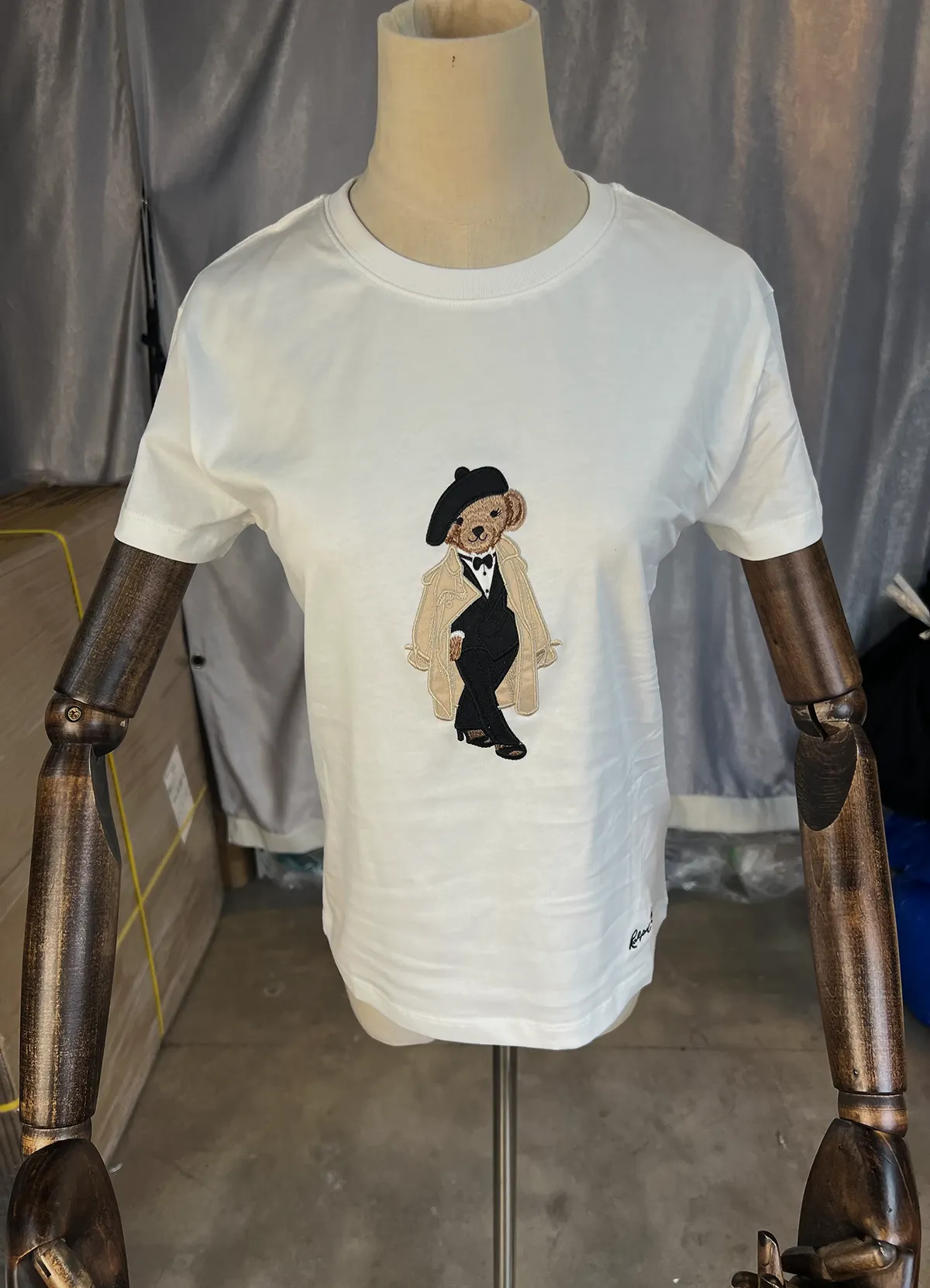 Women’s White Cotton Tee with Embroidered Trench Coat & Beret Polo Bear Graphic - Image 6